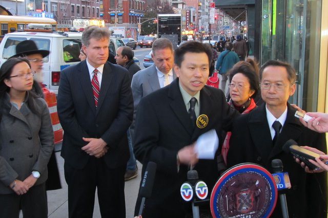 Hsi-Pei Liao, father of 3-year-old Allison Liao, speaks to reporters. To his right is Councilmember Margaret Chin and Michael Cheung, son of Sau Ying Lee, who was hit and killed by a car on Canal Street last month.